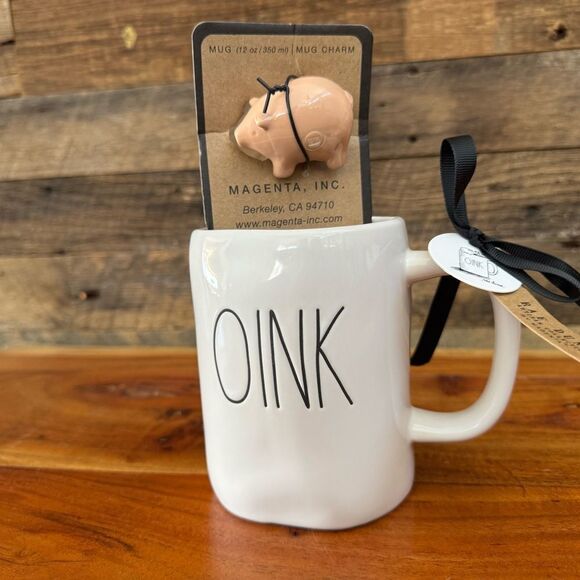 Rae Dunn OINK mug with ceramic pig mug charm 12 OZ NEW - Picture 3 of 9